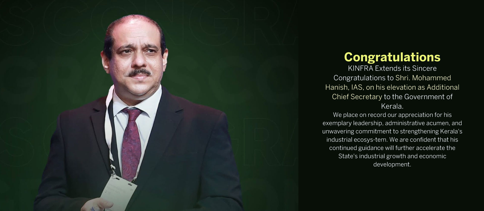 Congratulations to Shri. Mohammed Hanish, IAS, on his elevation as Additional Chief Secretary to the Government of Kerala.